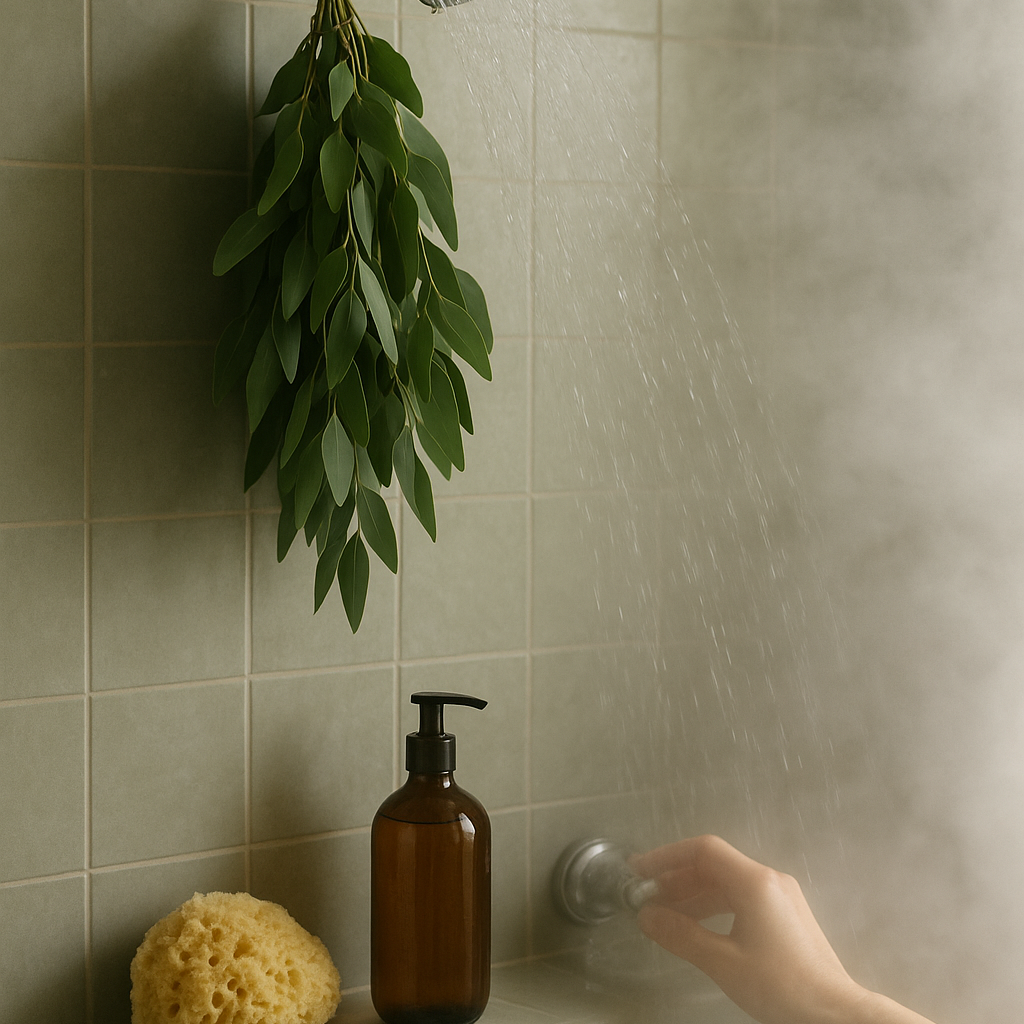Calming shower with luxe body cleanser, sponge and eucalyptus leaves