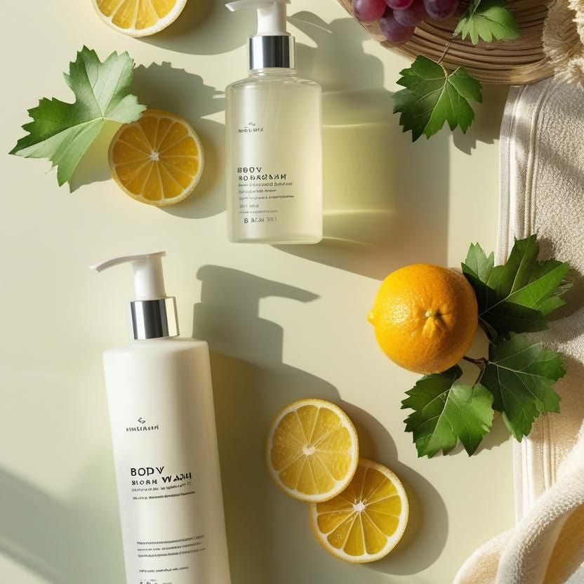 body lotion and wash laying on a table