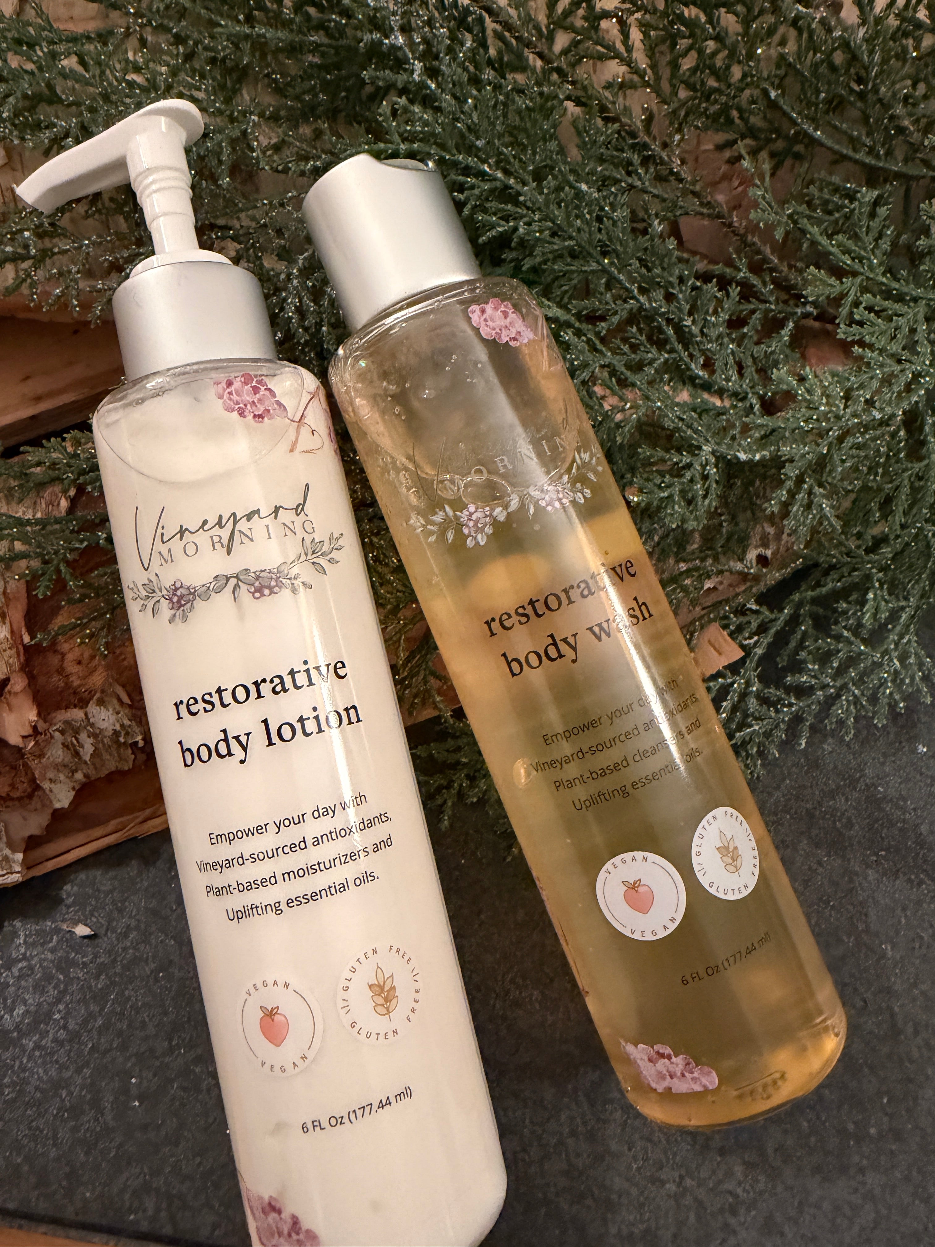 Vineyard Morning Vineyard-Sourced skincare on winter background with greenery