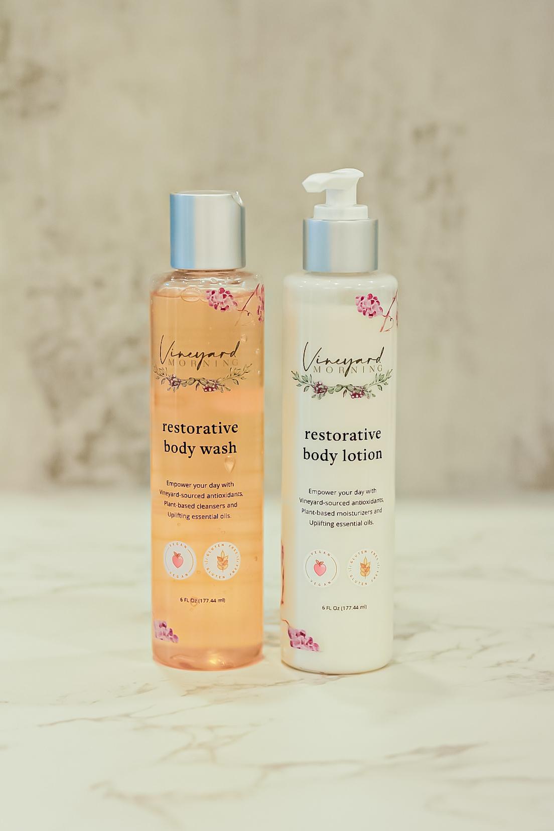 Face-grade body wash and lotion duo in minimalist bathroom