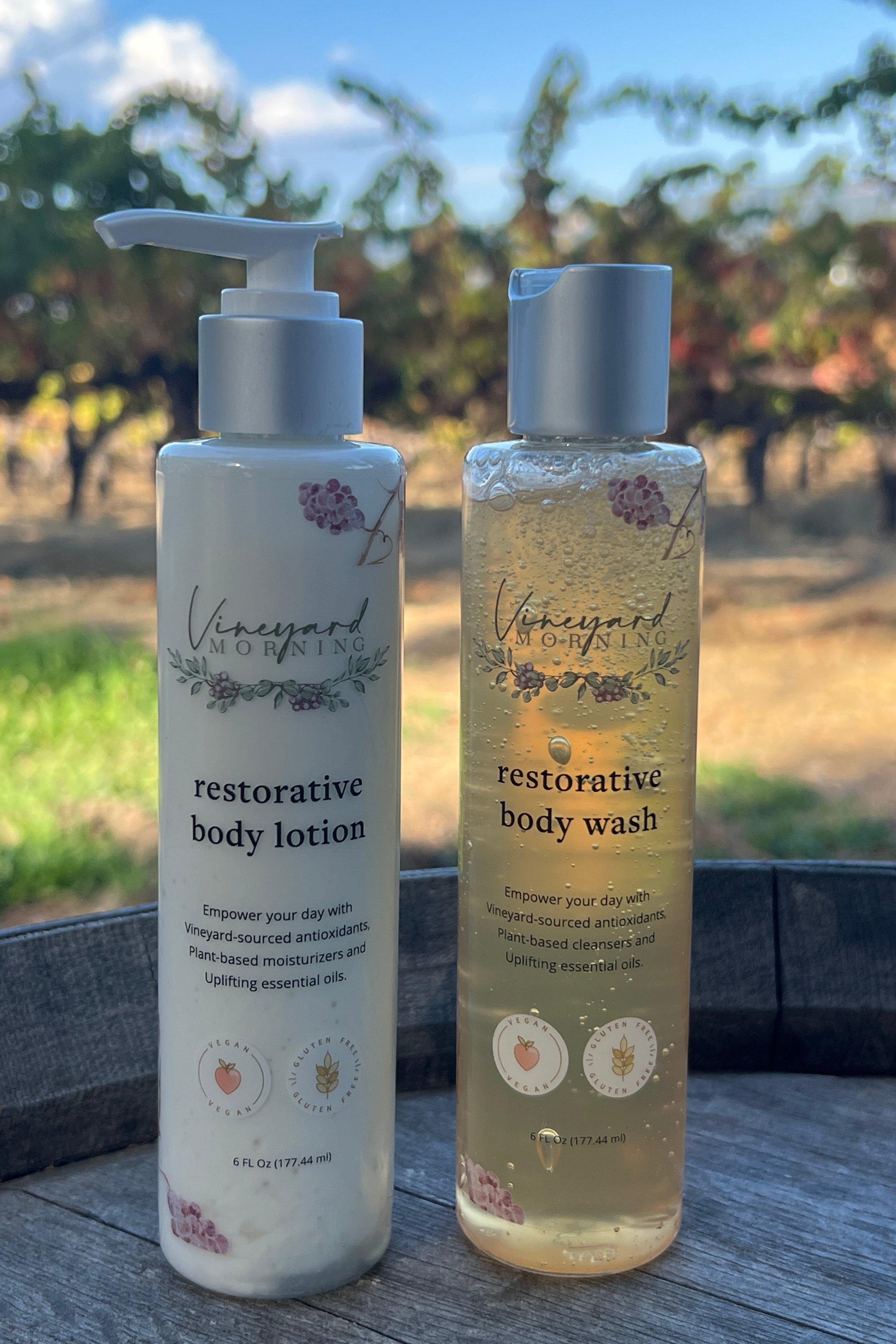 body wash and lotion photographed in natural sunlight