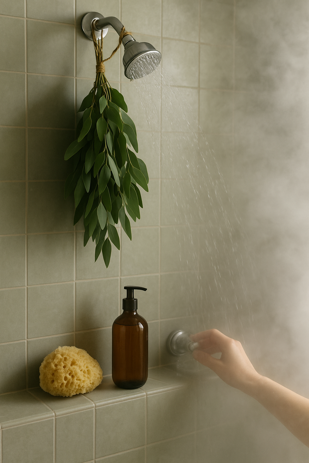 Calming shower with luxe body cleanser, sponge and eucalyptus leaves