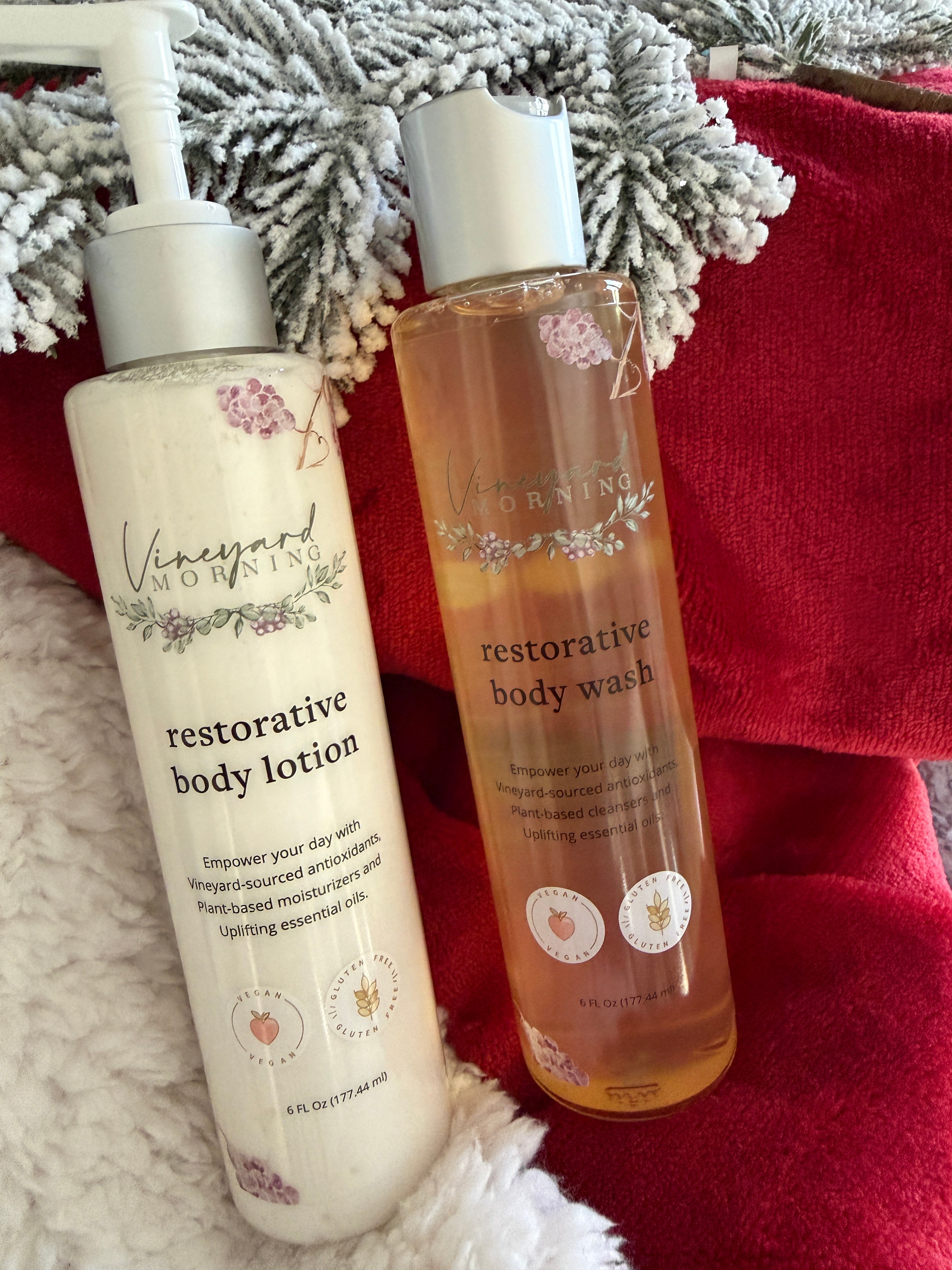 Vineyard Morning natural clean body care on red holiday blanket