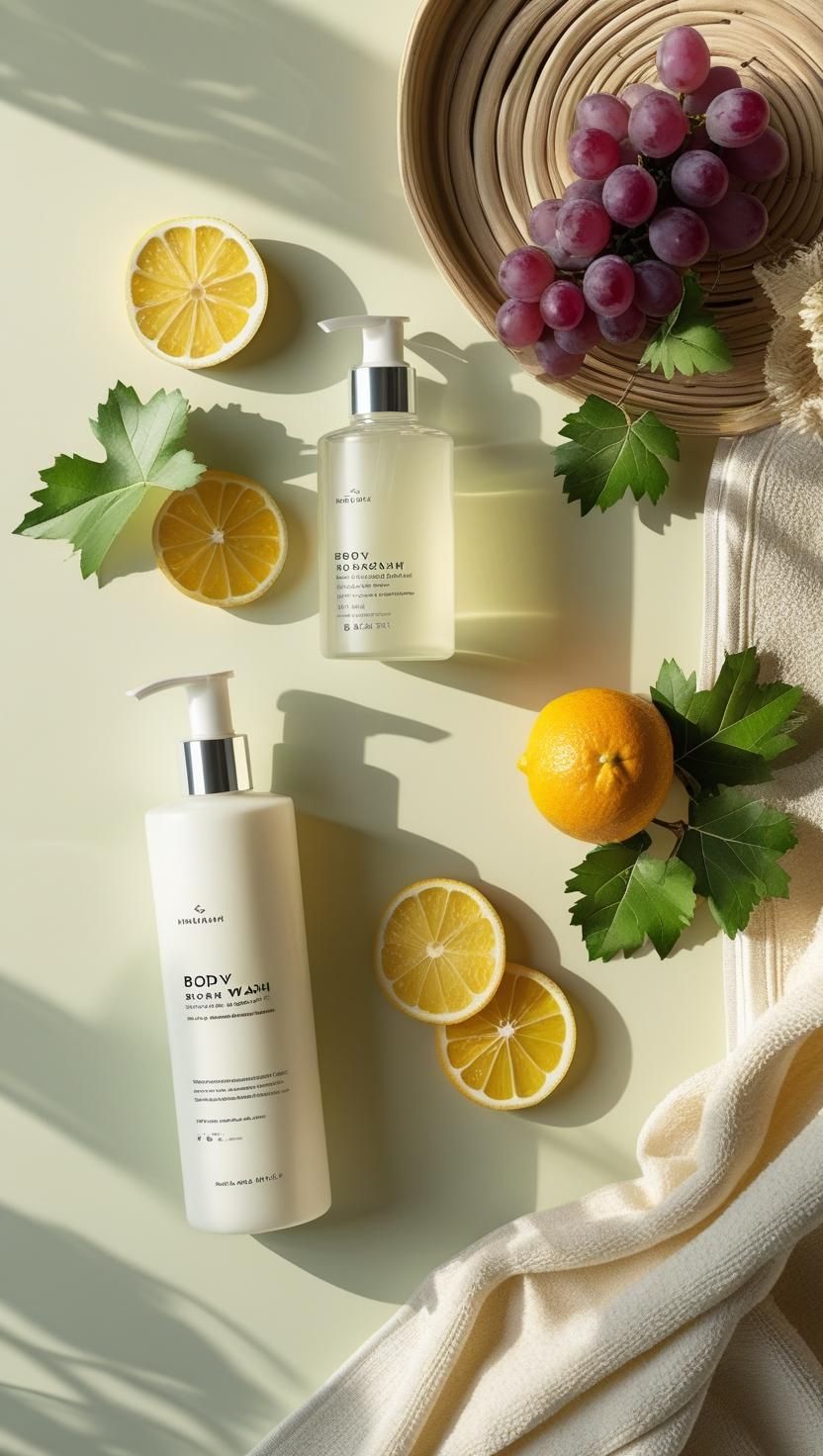 body lotion and wash laying on a table